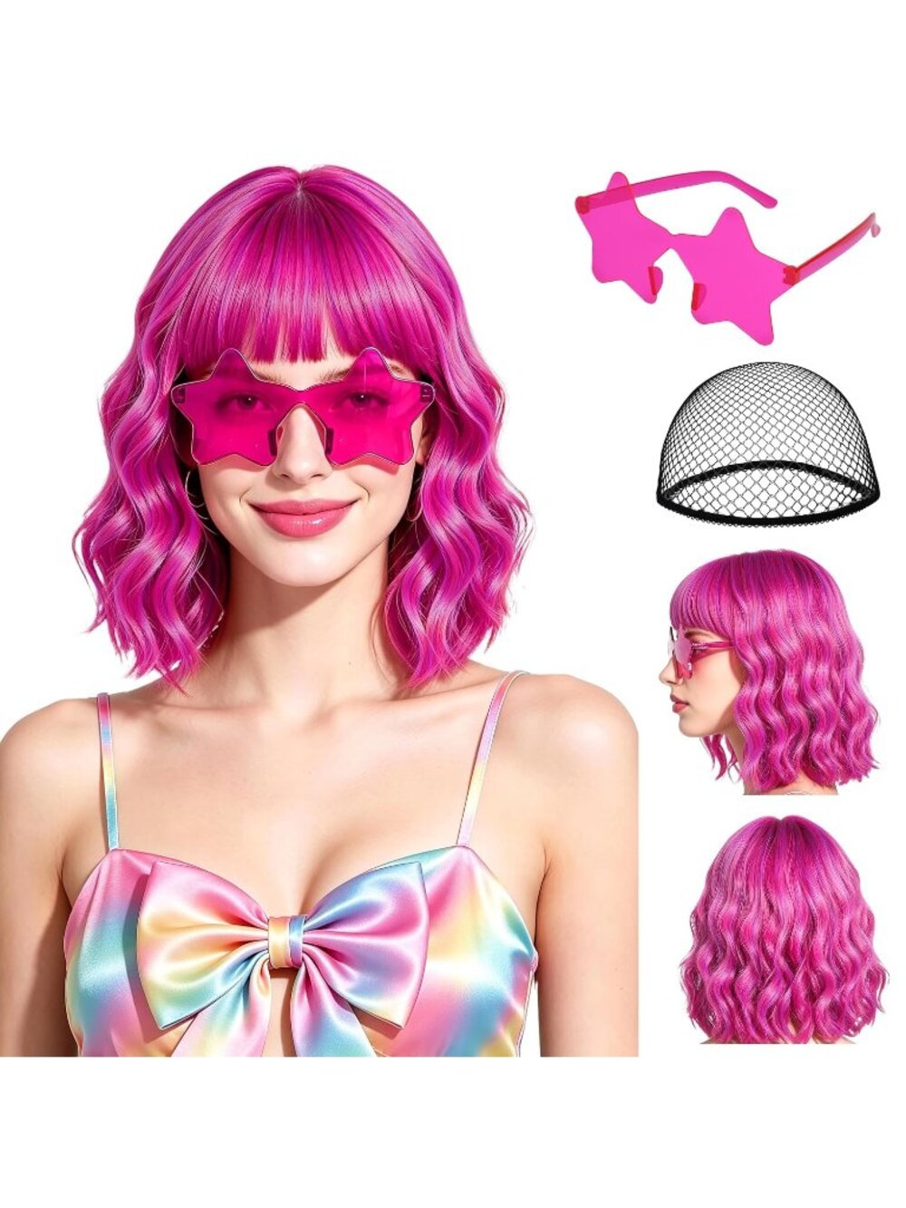 Women's Pink-Purple Short Wavy Bob Bangs 15.7 Inch Heat Resistant Synthetic Wig